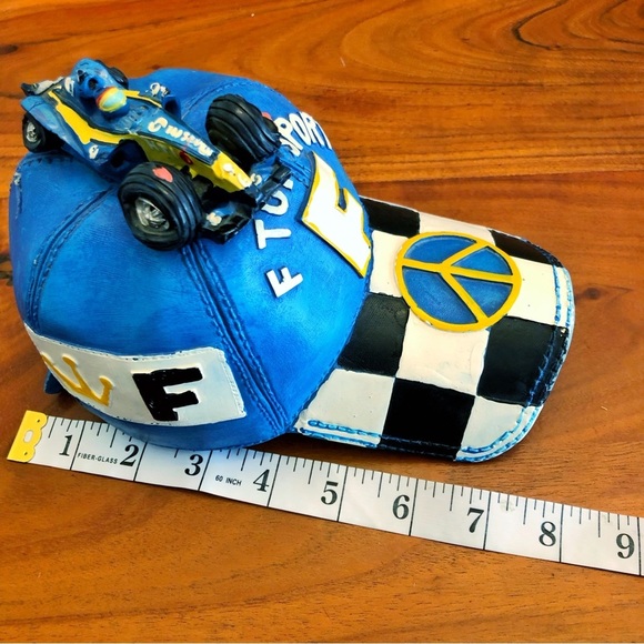 Vintage Rear F1 Car On Top Blue Cap with Black & White Checkered Coin Piggy Tank - Picture 10 of 12